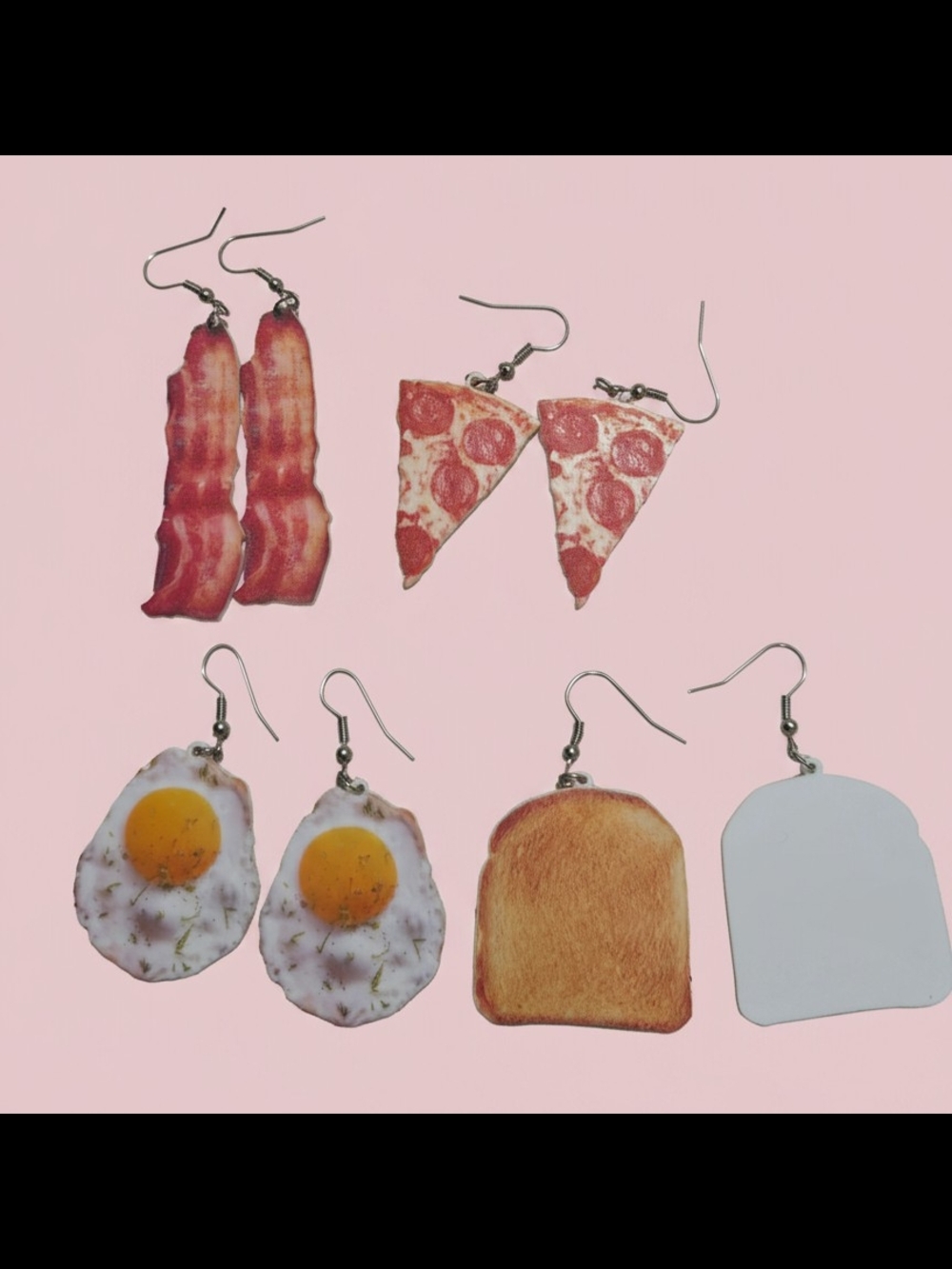 Food Novelty Earrings Set — Bacon, Pizza, Fried Egg, Toast